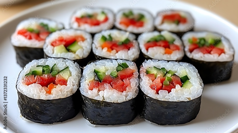 Delicious Japanese sushi rolls arranged nicely on a white plate Delicious Japanese sushi rolls arranged nicely on a white plate