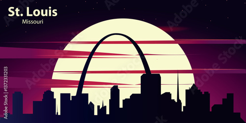 black silhouette of the city of St. Louis, Missouri against the backdrop of the Big Yellow Moon and the starry sky with red clouds. City panorama in neon style.
