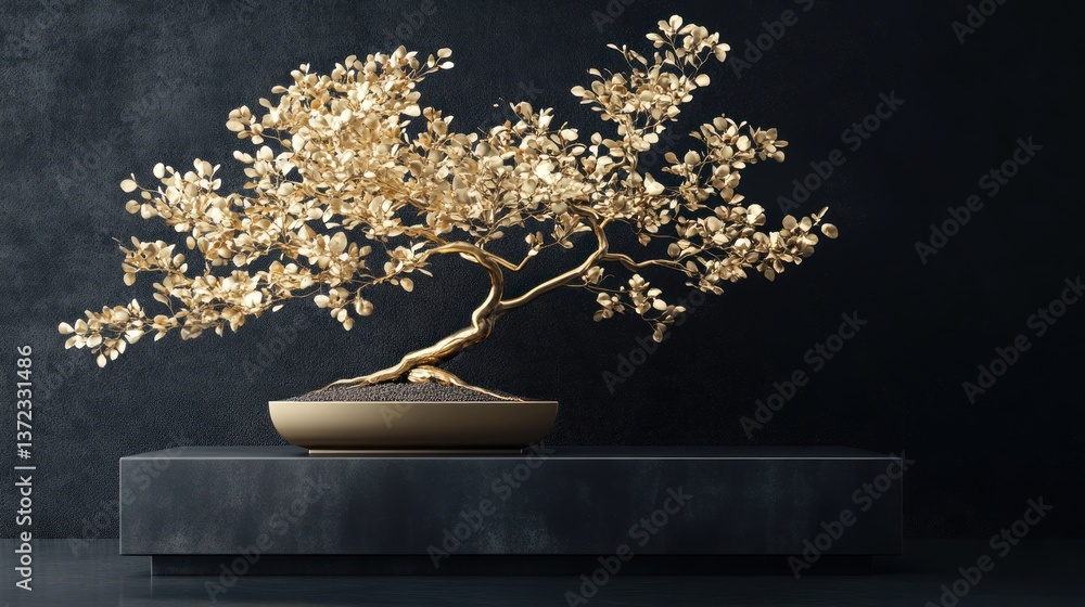 Golden bonsai tree on dark marble platform in a modern setting