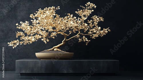 Obraz na płótnie Golden bonsai tree on dark marble platform in a modern setting w salonie