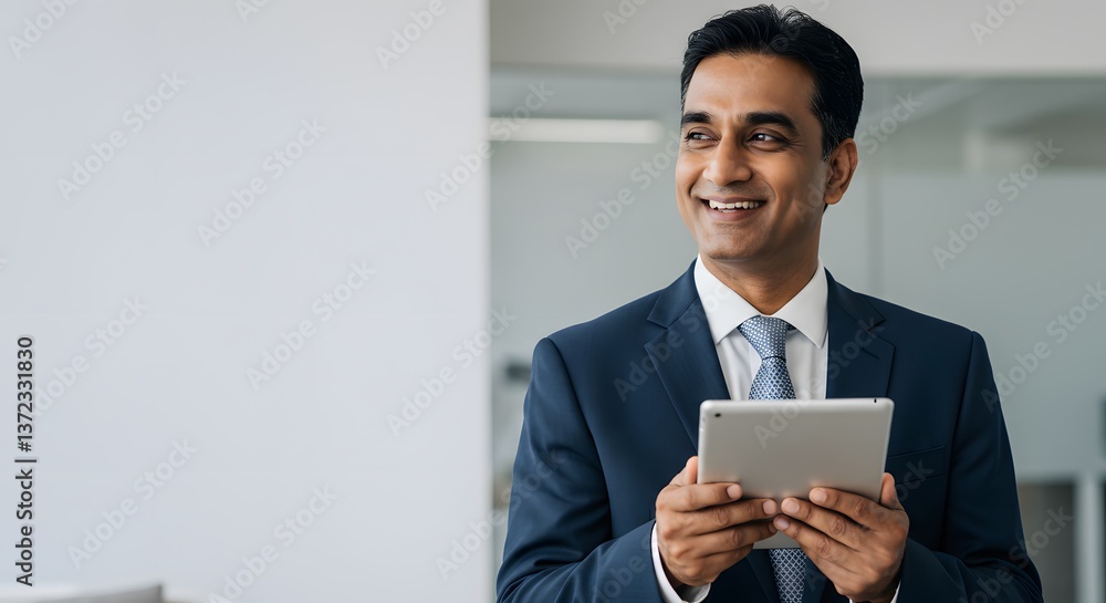 A successful businessman contemplates his future, a hopeful smile gracing his face as he holds a tablet in a modern office setting with soft lighting. A successful businessman contemplates his future, a hopeful smile gracing his face as he holds a tablet in a modern office setting with soft lighting.