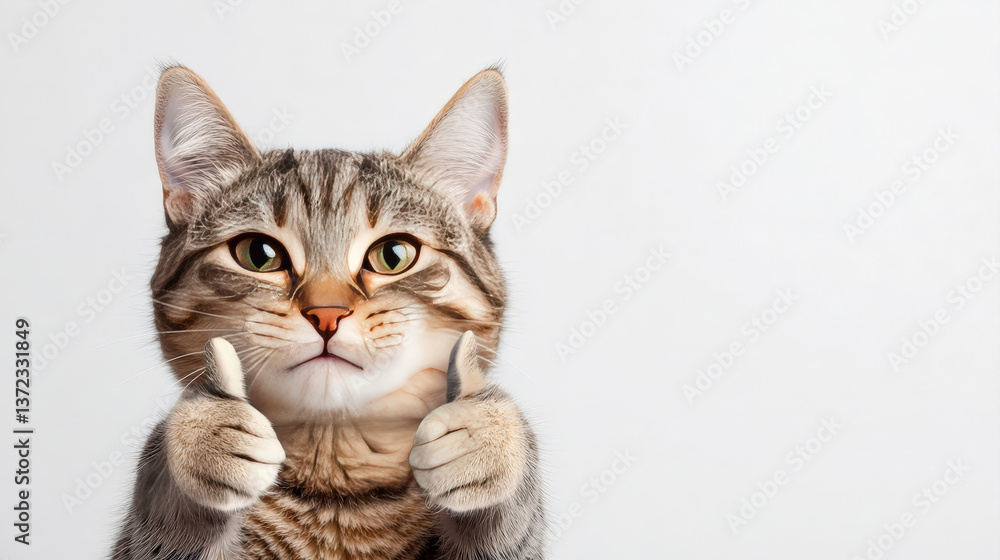 A cartoonish cat with a happy expression giving thumbs up, set against a simple white background, exuding positivity and charm. A cartoonish cat with a happy expression giving thumbs up, set against a simple white background, exuding positivity and charm.