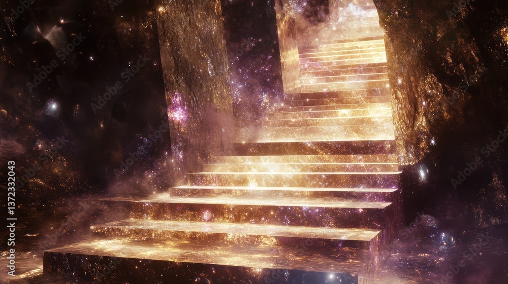 Golden Cosmic Stairway to Heaven, ethereal glow, nebula background, inspirational concept
