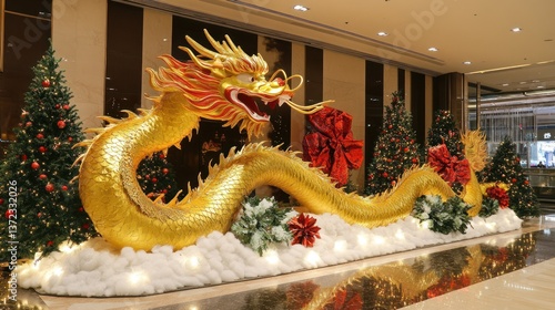 Golden dragon decorates hotel lobby during Christmas