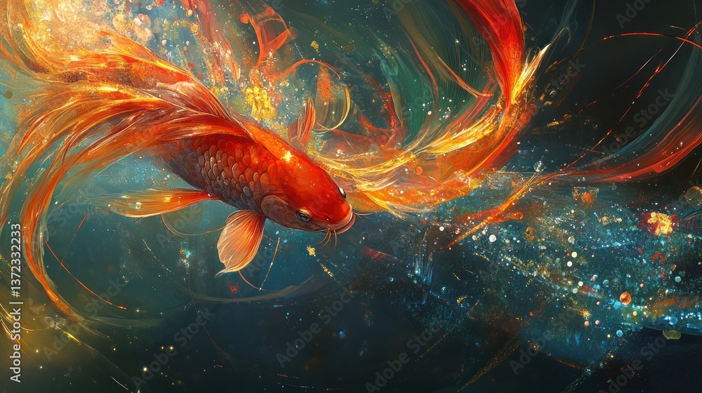 Golden Fish Soaring in Abstract Watery Space
