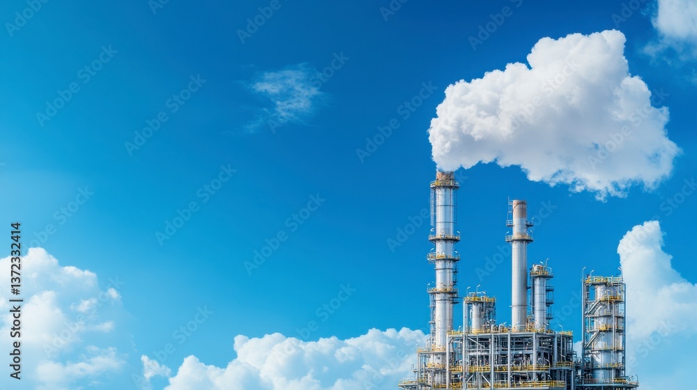 Obraz premium Industrial plant emitting white smoke against a clear blue sky with fluffy white clouds. The image focuses on the plant's tall structures and the plume of smoke.