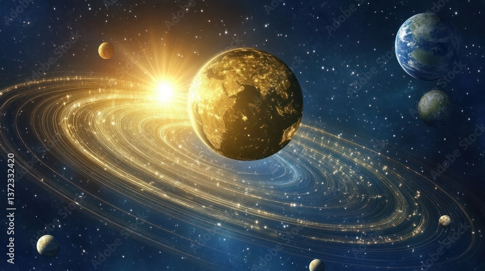 Golden Earth in Cosmic Rings; planets, sun