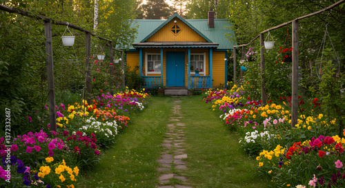 Colorful dacha surrounded by blooming flowers and greenery  
