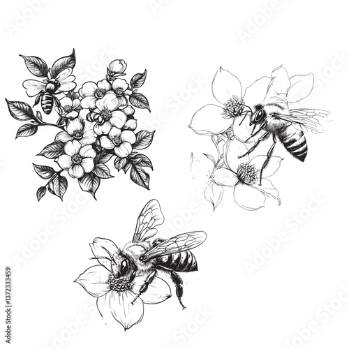 Hand-Drawn Dogwood Tree Branch with Honeybees 
