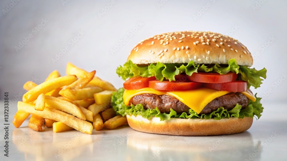 Cheeseburger with fries isolated on white background, png. Side of french fries isolated on white. Perfect for fast food and minimalist food photography. Cheeseburger with fries isolated on white background, png. Side of french fries isolated on white. Perfect for fast food and minimalist food photography.