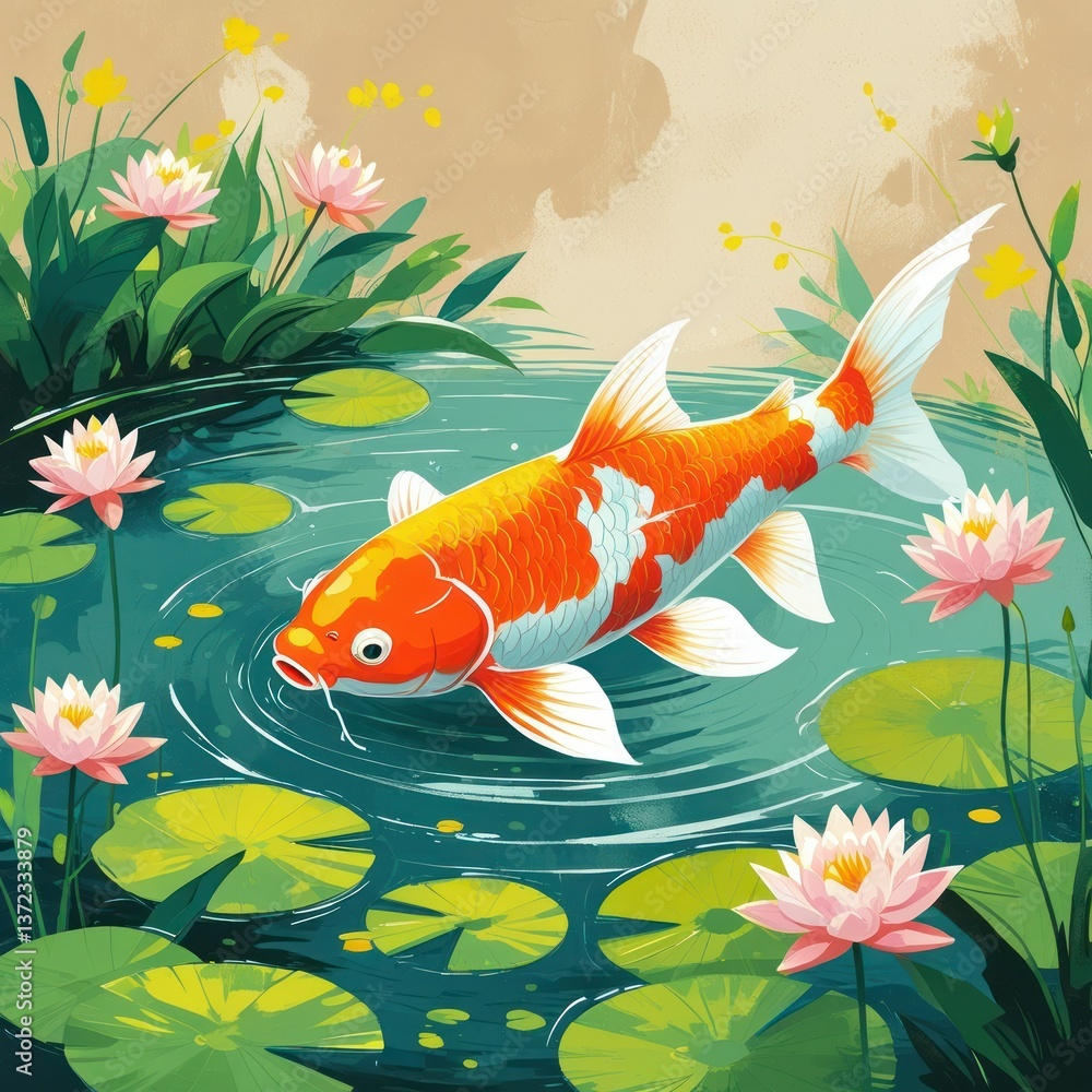 Naklejka premium Vibrant digital illustration featuring a k oi fish swimming in a serene pond