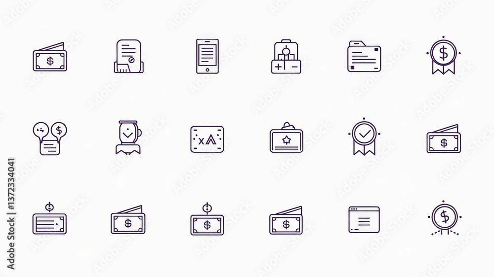 Set of thin line icons representing financial concepts such as savings, investment, and money. Set of thin line icons representing financial concepts such as savings, investment, and money.