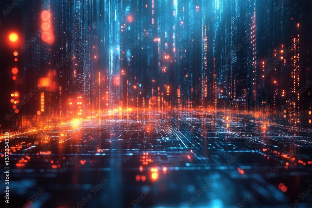 A vibrant digital landscape with glowing data streams and futuristic city elements at night A vibrant digital landscape with glowing data streams and futuristic city elements at night