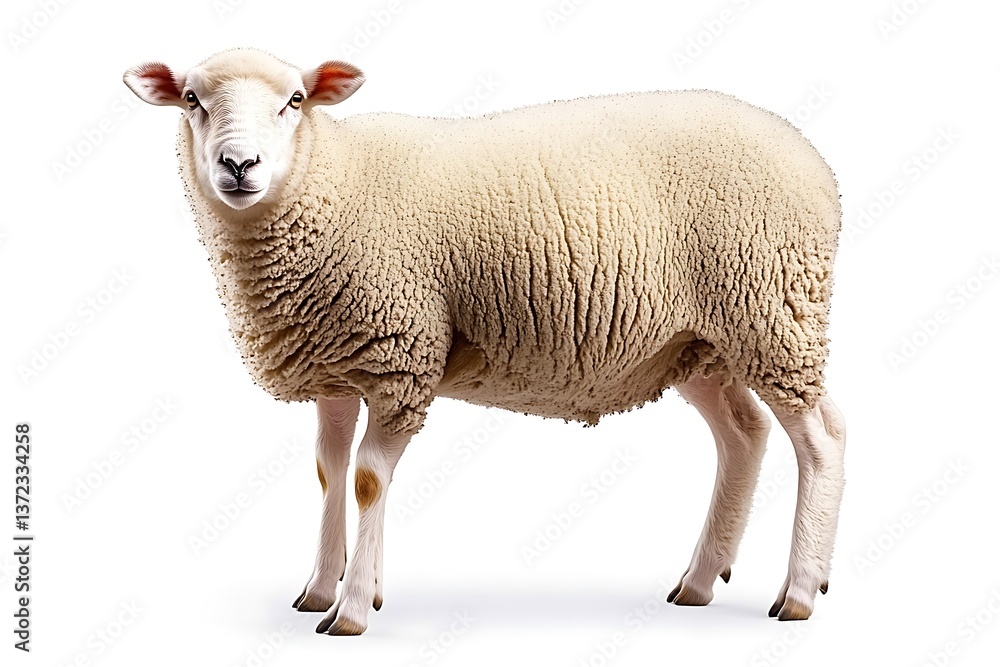 Fototapeta premium A white sheep standing calmly on a blank white background