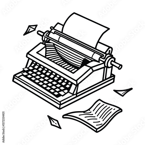 Typing Tales: A vintage typewriter rests, awaiting the next great story. Paper sheets and shapes complete this hand-drawn composition