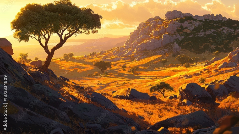 Golden hour landscape, lone tree, rocky hills, serene sunrise view