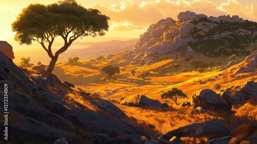 Obraz na płótnie Golden hour landscape, lone tree, rocky hills, serene sunrise view w salonie