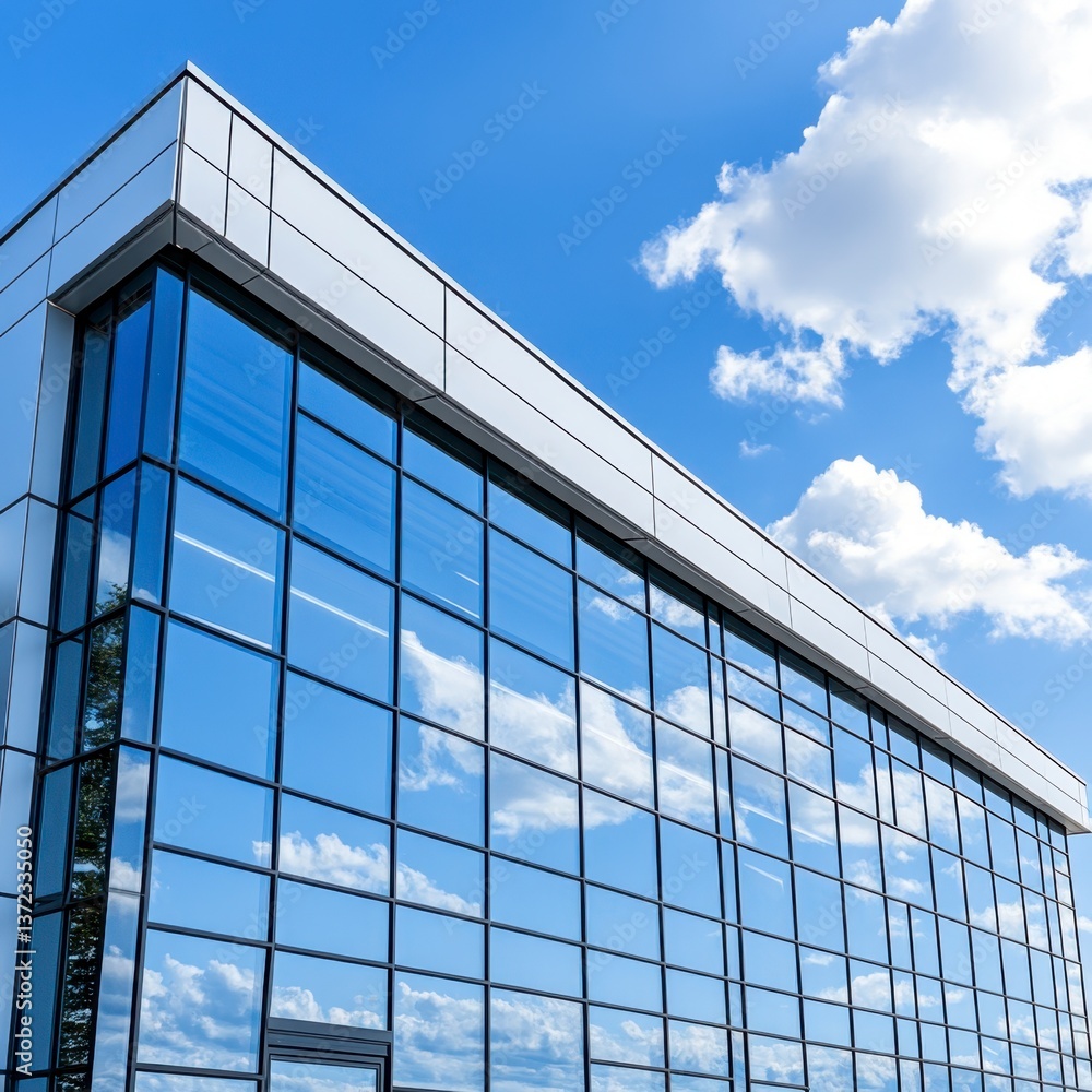 Obraz premium Modern glass building reflecting blue sky and clouds. Clean lines, bright sunlight. Architectural detail showcasing contemporary design.