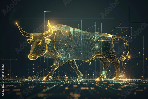 Geometric Bull Illustration with Digital Background and Light Effects