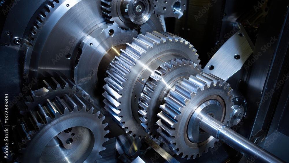 Large metallic gears interlock and rotate in a detailed view within an industrial machine. This setup demonstrates precision engineering in a manufacturing facility Large metallic gears interlock and rotate in a detailed view within an industrial machine. This setup demonstrates precision engineering in a manufacturing facility