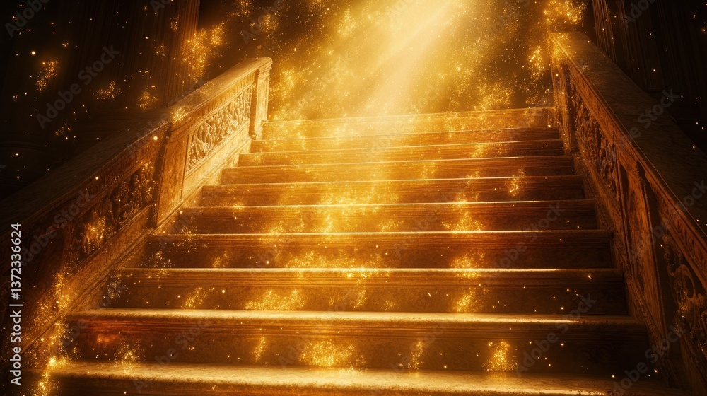 Golden stairway to heaven, glowing, mystical, ornate mansion