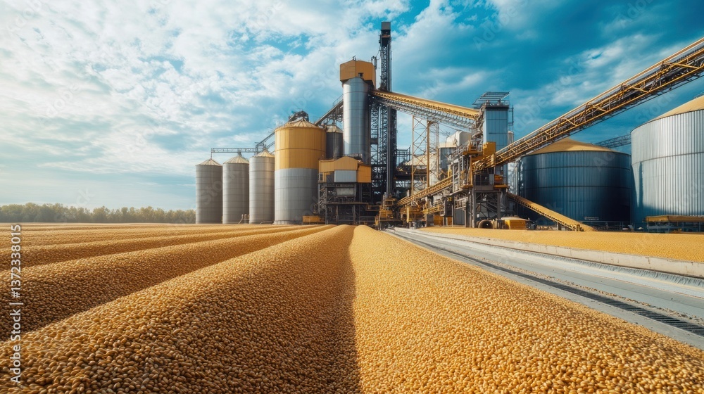 Grain silo facility, agricultural processing plant, golden harvest, sunny day