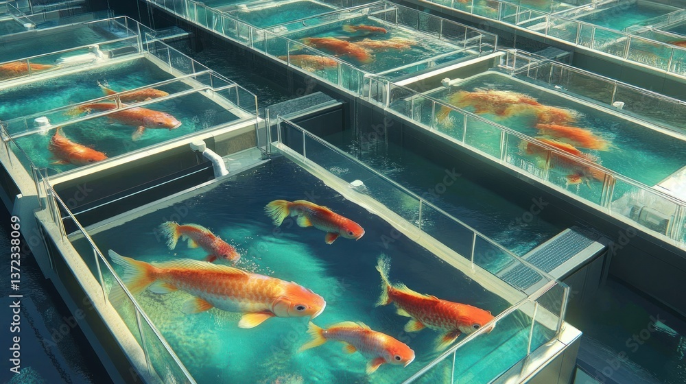 Goldfish farm, tanks, rows, modern aquaculture