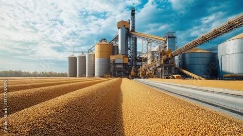 Obraz na płótnie Grain silo facility, agricultural processing plant, golden harvest, sunny day w salonie