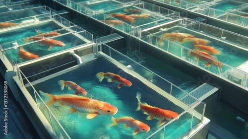 Obraz na płótnie Goldfish farm, tanks, rows, modern aquaculture w salonie