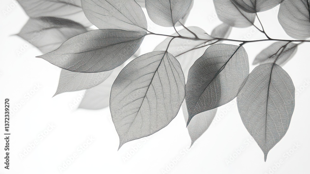 Gray leaves on branch, natural light, minimalist background