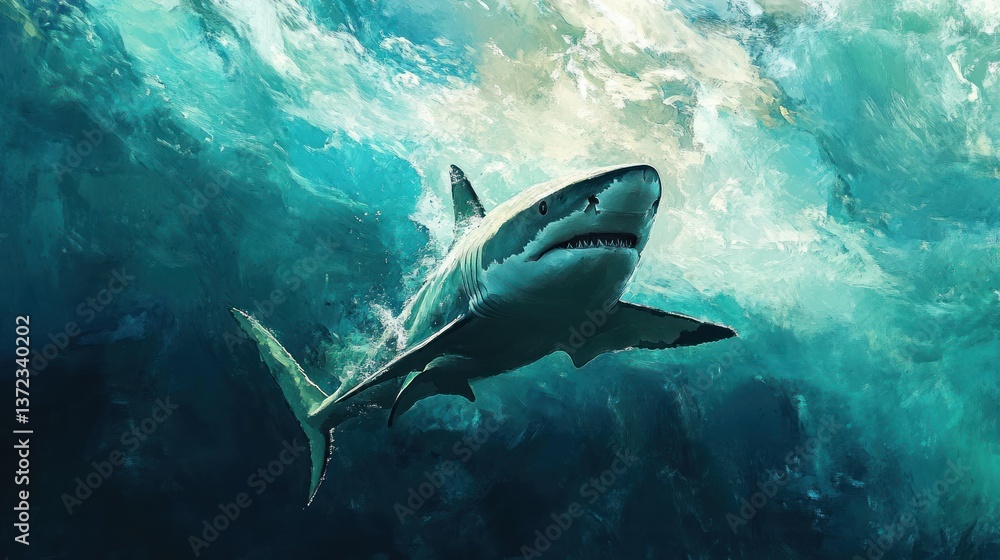 Great white shark in ocean depths, powerful predator, underwater scene, photo for nature or wildlife publication