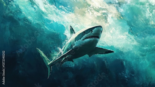 Obraz na płótnie Great white shark in ocean depths, powerful predator, underwater scene, photo for nature or wildlife publication w salonie