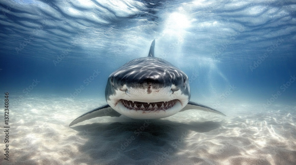 Great white shark underwater, ocean, sandy bottom, sunlight