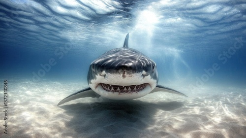 Obraz na płótnie Great white shark underwater, ocean, sandy bottom, sunlight w salonie