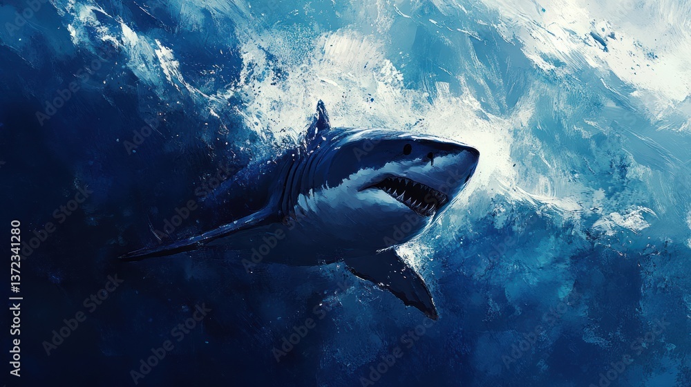 Great white shark breaching the ocean surface in deep blue water with textured waves