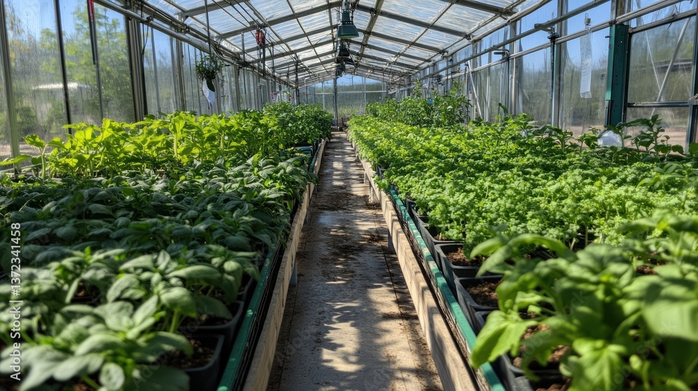Greenhouse nursery rows of seedlings, plants, sunlight, and pathway