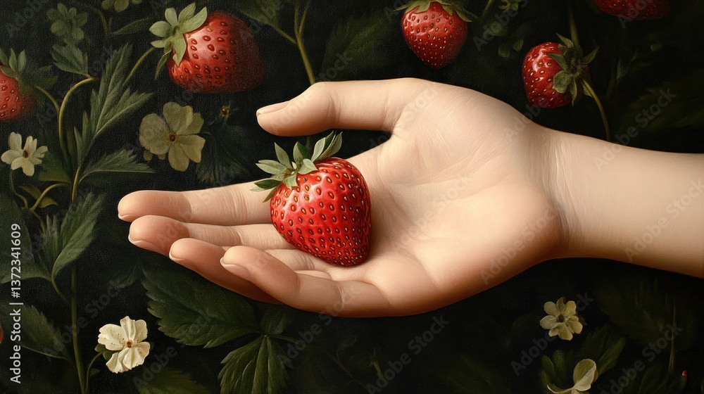 Hand holding strawberry, garden setting, still life painting