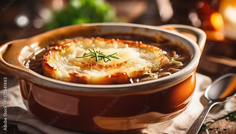 French onion soup in a ceramic bowl. Close up. French onion soup in a ceramic bowl. Close up.