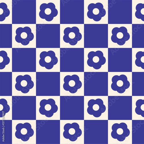 Vector pattern with blue retro flowers and checkerboard