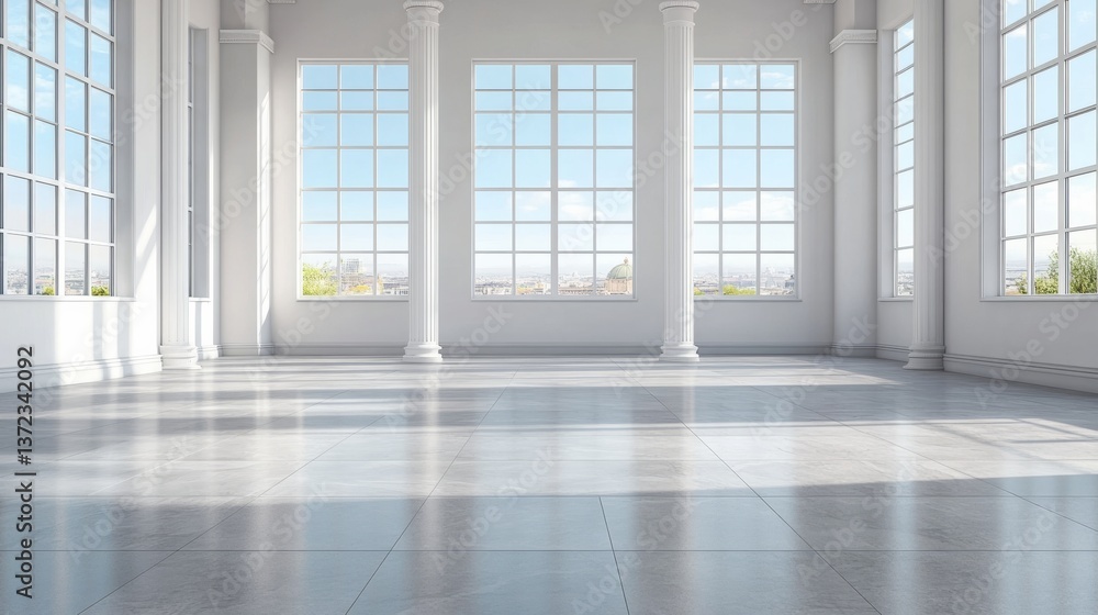 Fototapeta premium A white, minimalist interior space with a window and a light blue sky in the background, modern architecture, 