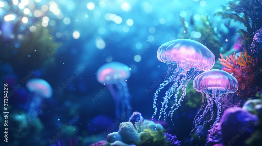 Naklejka premium Stunning 3d render of glowing jellyfish in a colorful coral reef underwater wonderland