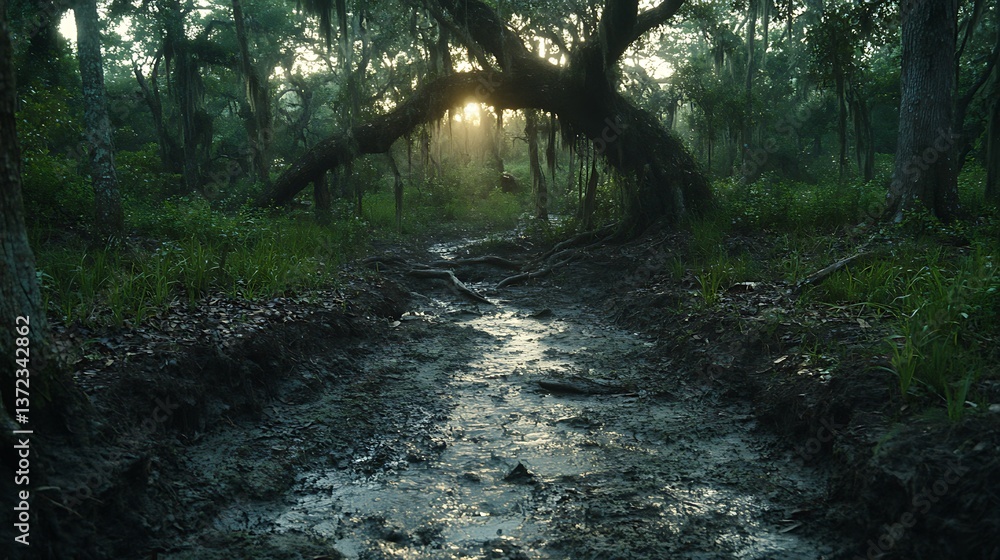 Obraz premium A Muddy Path Leading Through a Dense Forest With Bright Sunlight