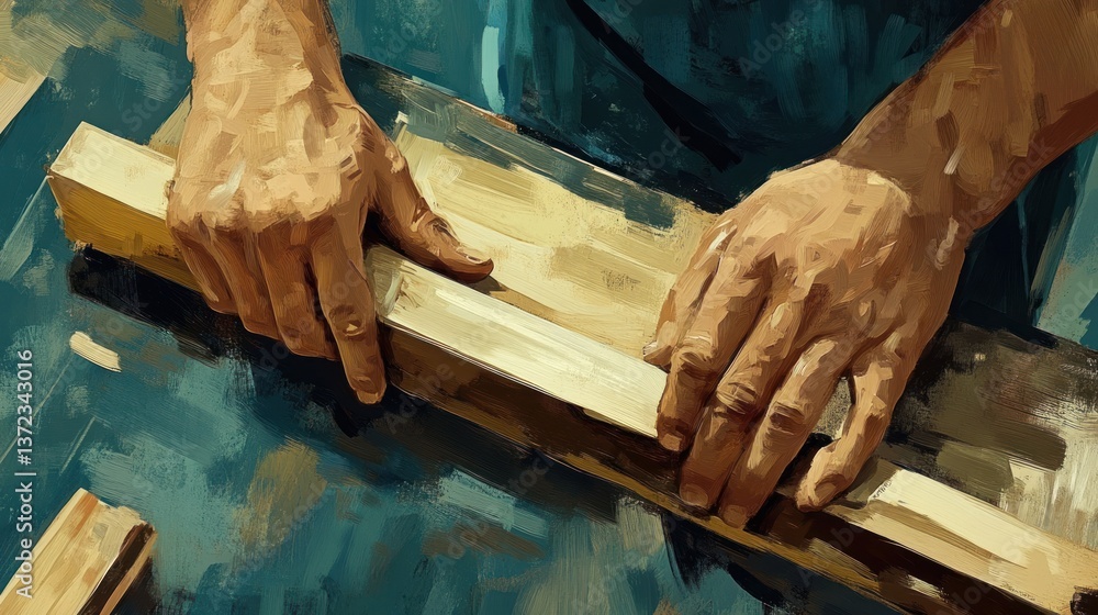 Hands smoothing wood in a workshop