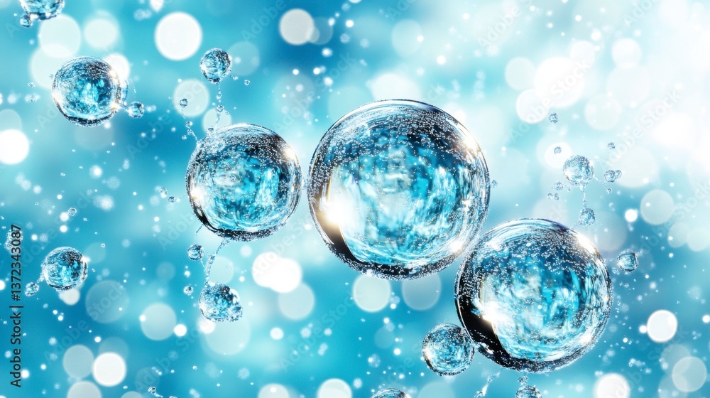 Abstract image of translucent blue spheres floating in a sparkling, light blue background. The spheres appear three dimensional and watery, creating a sense of depth and movement. Abstract image of translucent blue spheres floating in a sparkling, light blue background. The spheres appear three dimensional and watery, creating a sense of depth and movement.