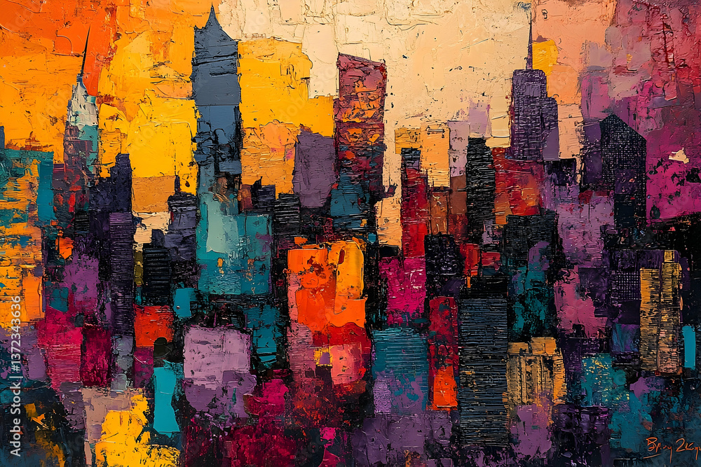 Fototapeta premium A Colorful Impressionistic Painting Showing Urban City Skyscrapers Silhouettes