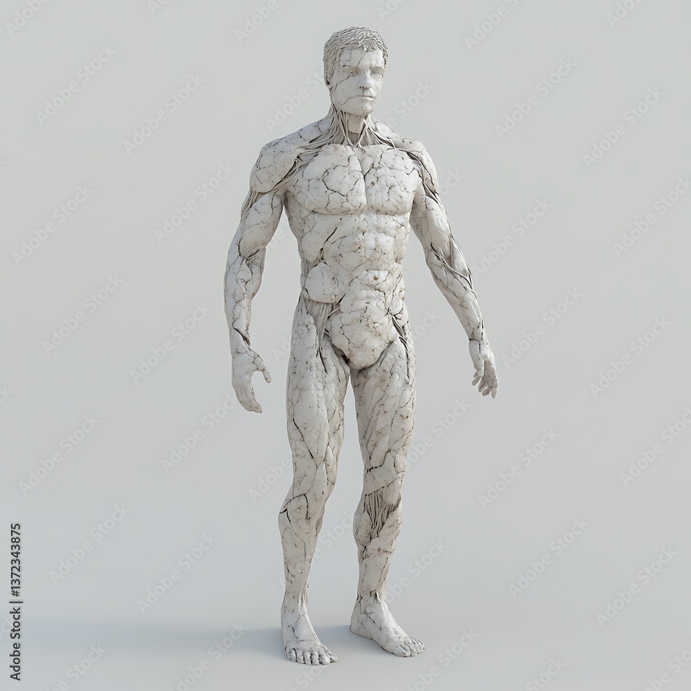 A white rendered figure displaying an anatomical view of the human form A white rendered figure displaying an anatomical view of the human form