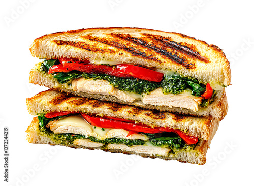 Pesto chicken panini with spinach and roasted red peppers isolated on transparent background