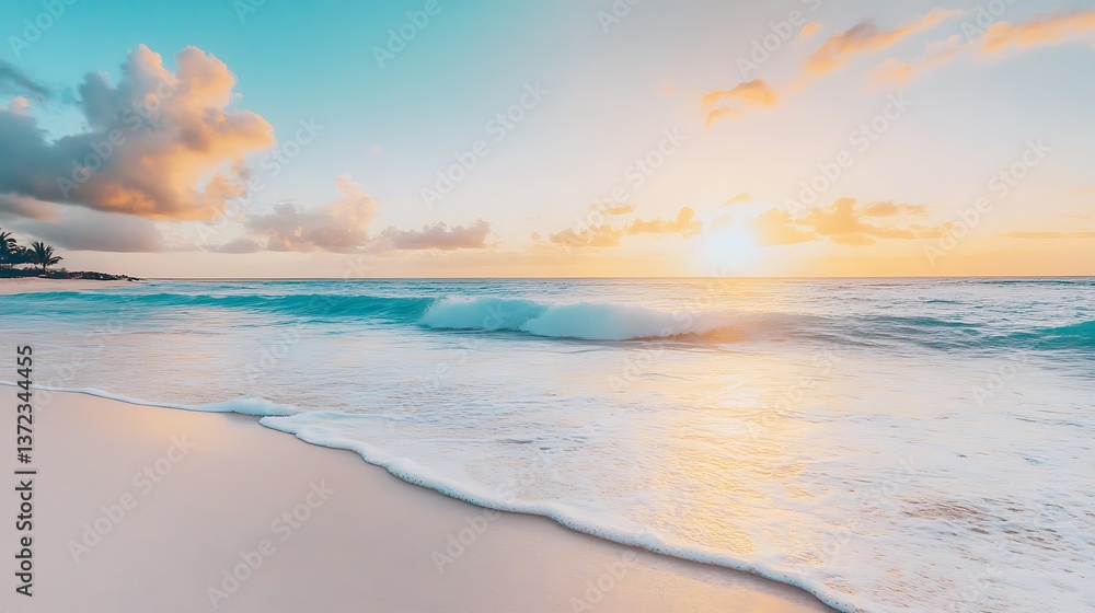 Fototapeta premium A serene beach at sunrise with gentle waves lapping against the shore