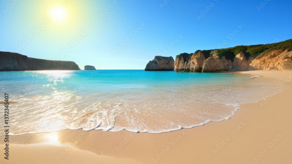 Obraz premium Waves gently lap against the shore of a tranquil beach, featuring soft golden sand and clear turquoise waters. Cliffs surround the area, creating a peaceful atmosphere