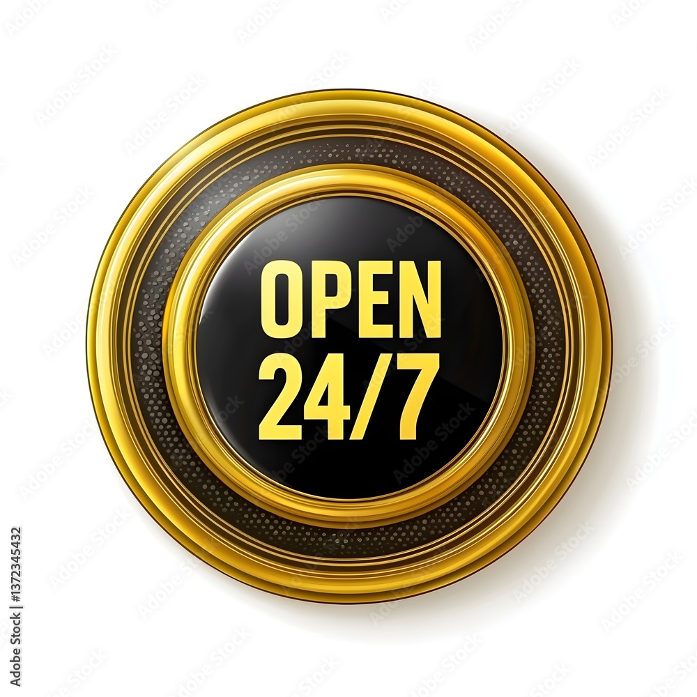 Golden Round-the-Clock: a glossy round seal in gold, boldly proclaiming Golden Round-the-Clock: a glossy round seal in gold, boldly proclaiming
